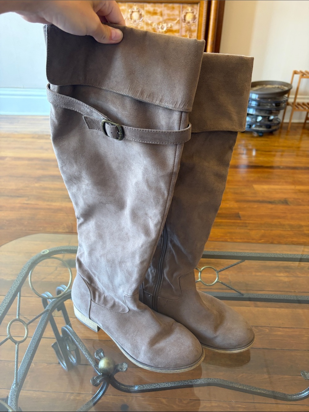 Taupe Suede Fold-Over Knee Boots - Women's